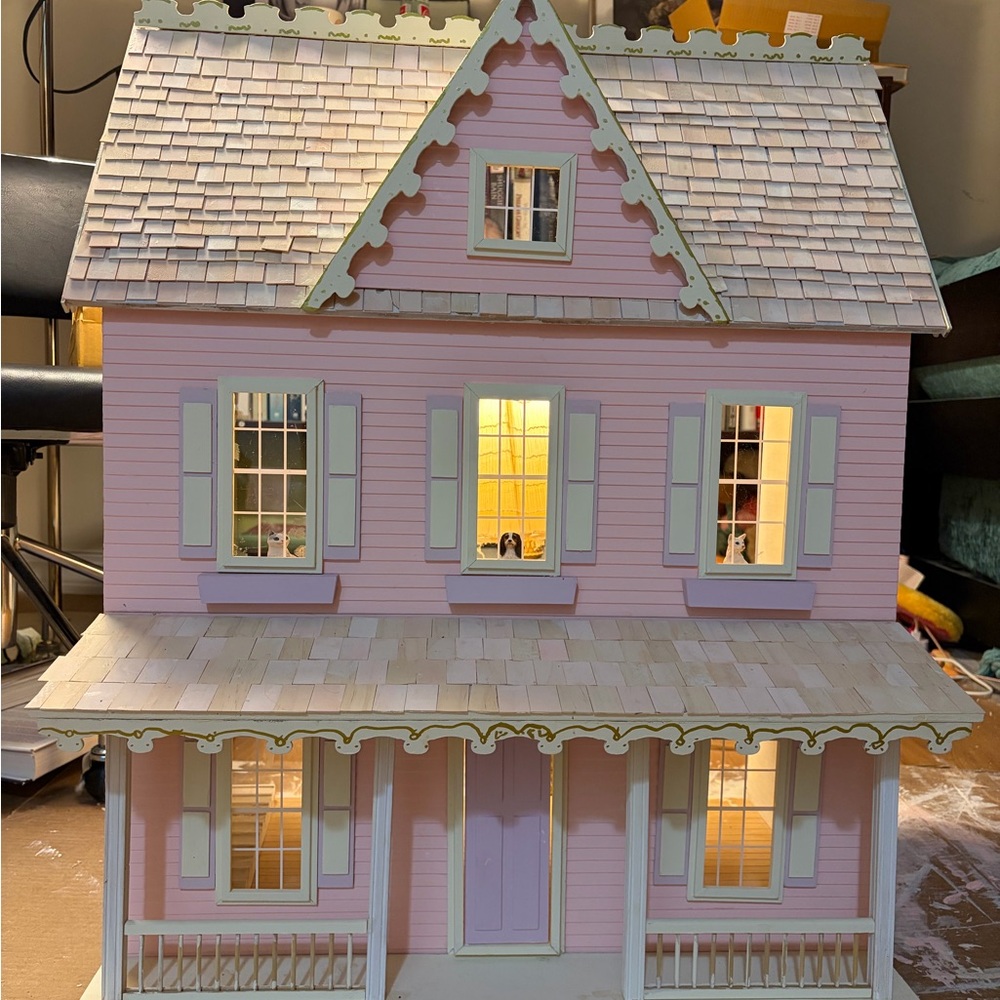 Pink Vintage-Style Wooden Dollhouse with Pale Accents - Picture 2 of 4